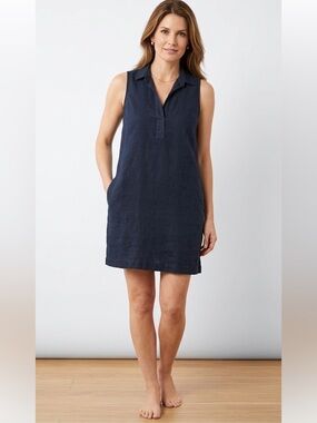 Tahari Indigo Blue Collard Linen Blend Sleeveless Dress With Pockets Size 10